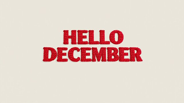 Knitted red text hello december on light beige background, seasonal greeting for last month of the year concept