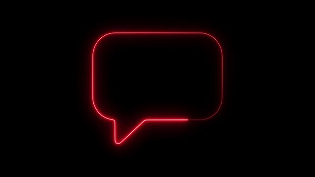 Red neon speech bubble glowing on black background, minimalist digital communication symbol for social media and messaging apps