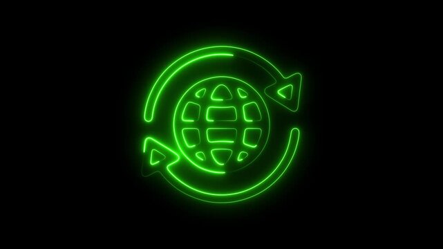 Glowing green neon globe with rotating arrows animation for global connectivity and sustainability concepts