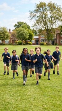 Diverse group of elementary school children in uniform running across a grassy field towards the camera on a sunny day with a school building in the background.