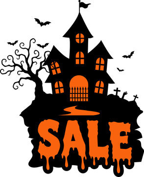Halloween Haunted House SALE Sign, Spooky Castle and Bats Vector Illustration