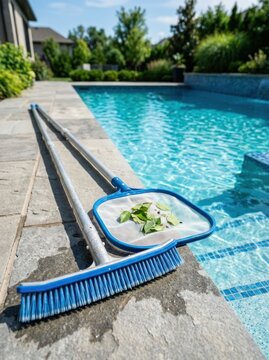 Swimming Pool Cleaning Tools Ready for Maintenance by the Waters Edge.