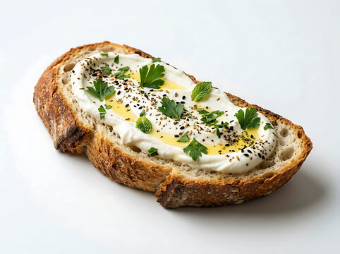 Sourdough toast with labneh cheese, olive oil, zaatar and fresh herbs