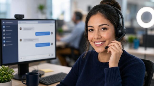 Smiling female customer support agent in a navy sweater adjusting her headset microphone at a modern office desk with a computer monitor showing a chat interface and professional workspace.