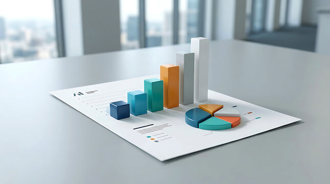 3D business charts and graphs on a clean desk in a modern corporate office