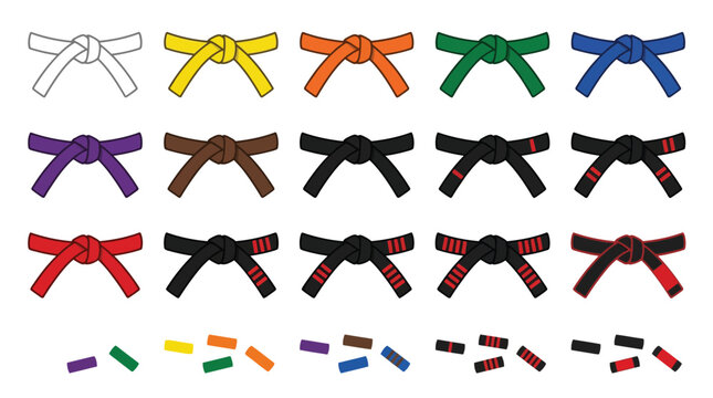 Colorful martial arts belts arranged in rows showing various skill levels with clean flat vector illustrations for training school designs