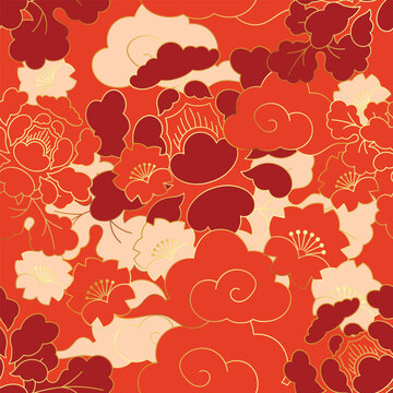 Chinese New Year vector abstract pattern with layered red, orange and cream floral cloud shapes for festive backgrounds, wrapping paper, cards and packaging.