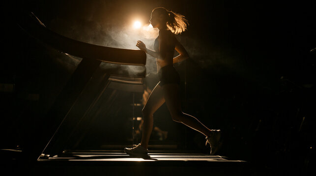 Workout, girl and running on treadmill in gym at night for fitness training, endurance challenge and calorie burning. Flare, late exercise and girl with breathing for intense cardio and race practice