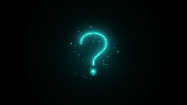 Glowing cyan neon question mark icon animation with floating light particles on a dark background, representing confusion, mystery, help, FAQ, support, inquiry, problem solving, and decision making.