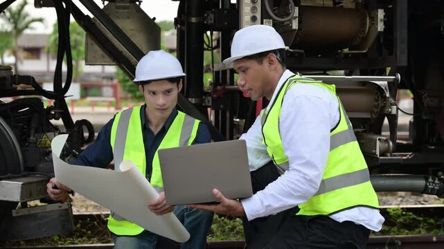 Two Engineers Analyzing Technical Plans and Data on Construction Site
