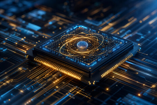 Quantum processor unit with glowing gold circuits, advanced computer microchip on motherboard, futuristic semiconductor hardware