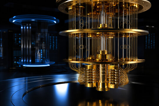 Quantum computer processor in laboratory, golden cryogenic cooling system, advanced supercomputer hardware for data science