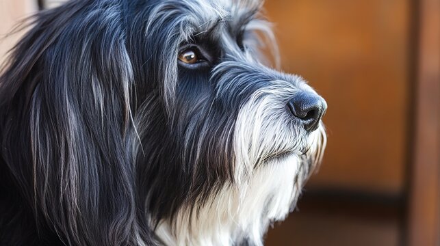 terrier. Close-up portrait of a Tibetan terrier with fluffy fur and soft natural lighting. wildlife magazines, conservation campaigns, designed for eco-tourism storytelling, celebrates biodiversity.