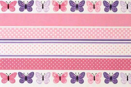 Butterfly pattern border with pink and purple stripes