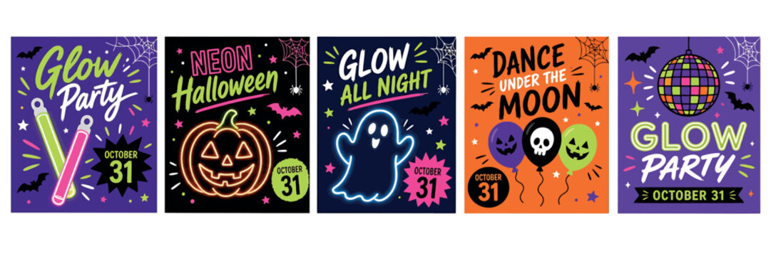 Set of halloween party posters with neon glow effect, disco ball, pumpkin, ghost, balloons, and glow sticks, festive holiday invitation cards design