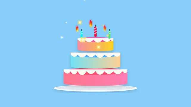 Tiered birthday cake animation with candles and sparkles