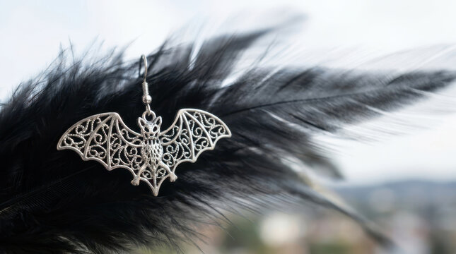 Silver bat earring on black feather evokes Halloween and Day of Dead mystery