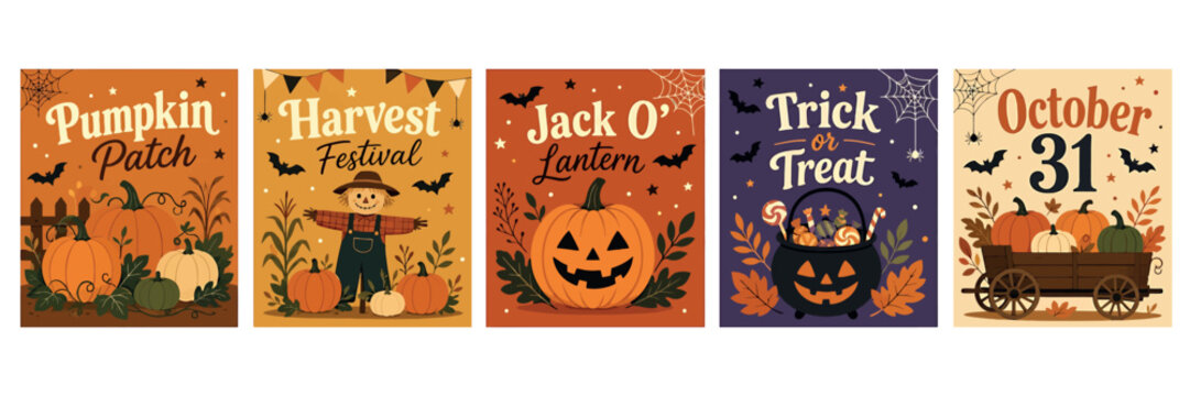 Set of five vintage halloween posters with pumpkins, scarecrow, jack o lantern and trick or treat vector illustration