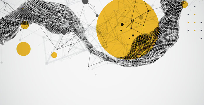 Abstract vector illustration of dark wireframe mesh ribbon with yellow circles and plexus network