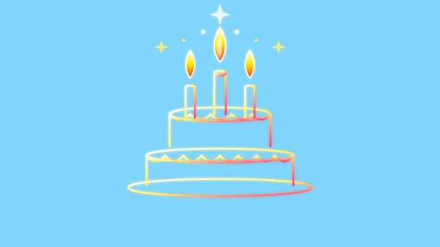 Animated line art birthday cake with burning candles on blue background