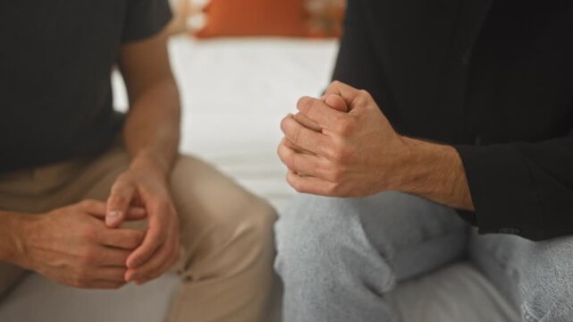 Two young hispanic men sit on a bed, clasping hands with interlaced fingers in a close supportive hold in a bedroom setting; comfort friendship.