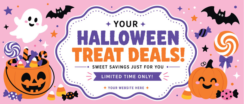 Happy halloween treat deals banner with cute ghost, pumpkin, bats, and candy on pink background vector sale illustration