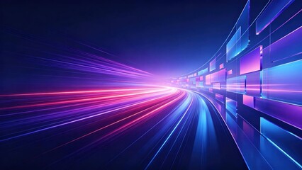 Obraz premium Fast glowing colorful red purple blue motion light trails along curved glass tunnel path, futuristic high speed digital data and network technology background