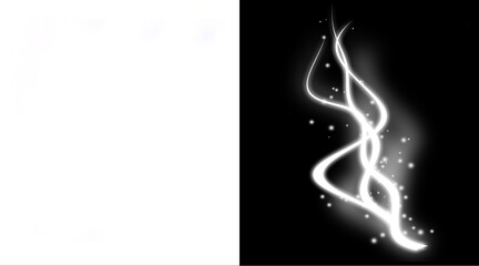 Glowing white magic trail on black background. Ethereal light swirls with sparkles. Abstract energy smoke effect for motion graphics. © Salim