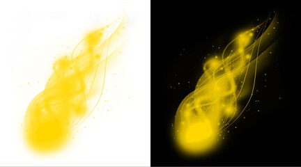 Glowing yellow magic fire trail, ethereal golden energy smoke effect, sparkling light streak on black and white backgrounds © Salim