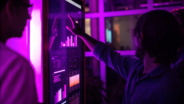 Interactive touchscreen data visualization business technology modern office teamwork digital display analytics purple lighting innovation collaboration futuristic