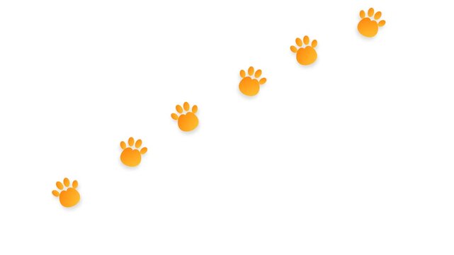 Orange animal paw prints walking across white background