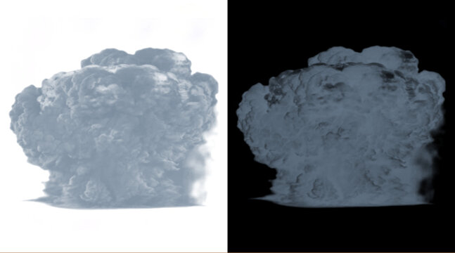 Cinematic smoke explosion effect, thick grey dust cloud on white and black background, realistic vapor blast for visual effects and compositing