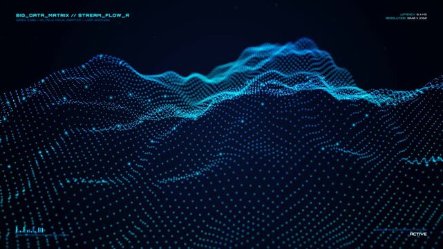 Futuristic big data matrix with blue glowing particle waves, HUD interface overlay, tech visual background animation for network visualization, digital cyber landscape concept, wide angle view.