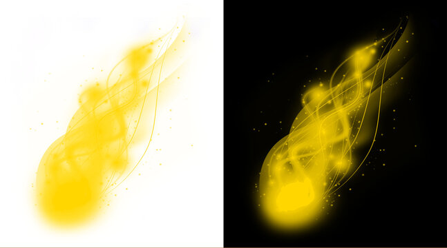 Glowing yellow magic fire trail, ethereal golden energy smoke effect, sparkling light streak on black and white backgrounds