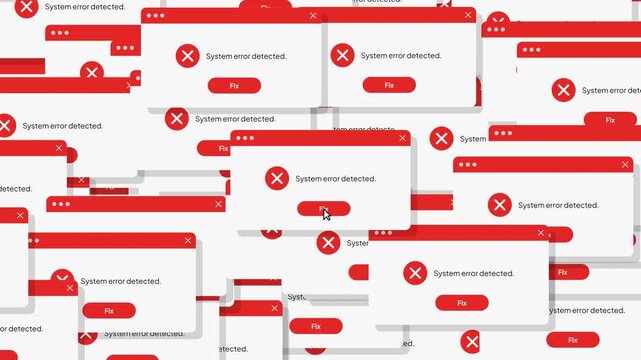 Computer system error detected with alert popup, red computer warning windows, software failure, mouse click fix button to repair