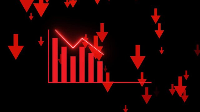 A digital abstract background showing a global financial crisis with red arrows, crashing charts, and Transparent background. Alpha Channel 4K