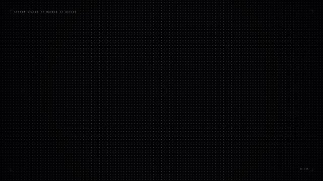 Futuristic digital system status matrix screen overlay background with minimal HUD user interface, dotted grid pattern, active status text, running time code counter, cybernetic aesthetic