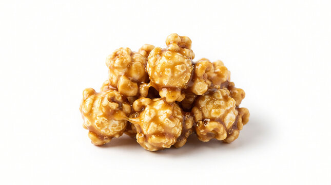 A small pile of c u chy sweet golde ca amel popco isolated o white