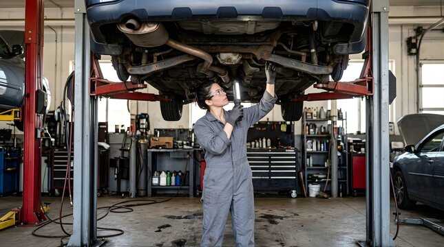 Female mechanic inspecting car undercarriage with flashlight in garage