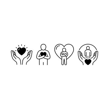 Self care and mental health line icons set representing self love and compassion.