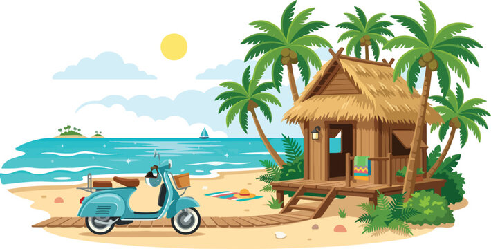 Blue scooter parked near wooden bungalow hut on tropical sandy beach with palm trees and ocean