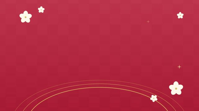 市松模様の赤い和風背景に梅の花と金色の曲線が動くお正月アニメーション