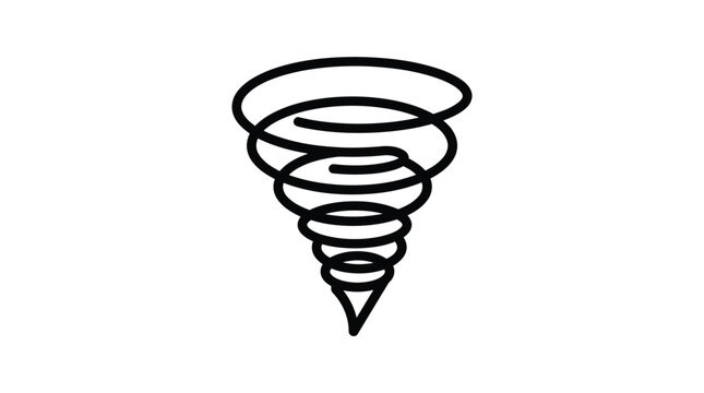 Minimalist black line art illustration of a powerful tornado cyclone swirl shape on a clean solid white studio background