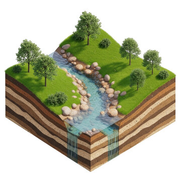 Isometric cross section of a river flowing through a green grassy landscape isolated on transparent background