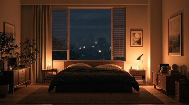 Cozy modern bedroom interior at night with city lights view