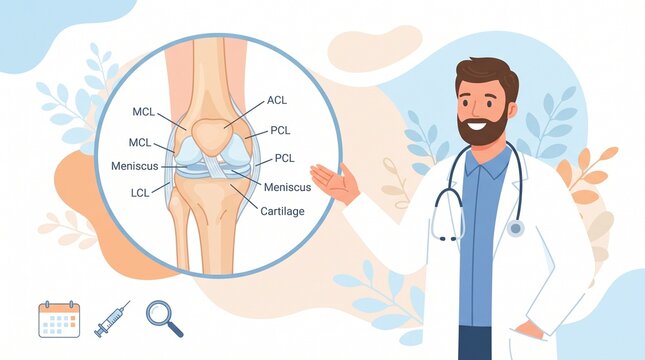 Doctor explaining knee anatomy with ligaments labeled