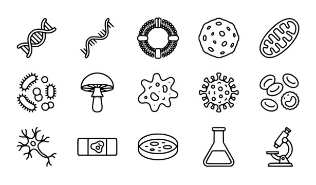 Biology outline icon collection featuring DNA, cell, bacteria, mushroom, virus, neuron, petri dish, and microscope symbols