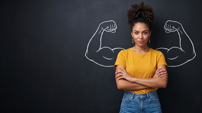 Confident young African American woman standing with crossed arms against a dark chalkboard featuring drawn muscular chalk biceps illustrating female empowerment inner strength and large blank copy sp