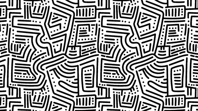 geometric tribal maze line pattern isolated on transparent background, black line art abstract doodle overlay, decorative continuous stroke pattern, modern ethnic maze vector texture
