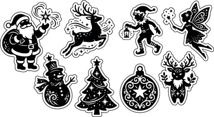 Magical Christmas sticker icons set with whimsical silhouette santa fairy elf reindeer tree holiday vector design © MstAduri
